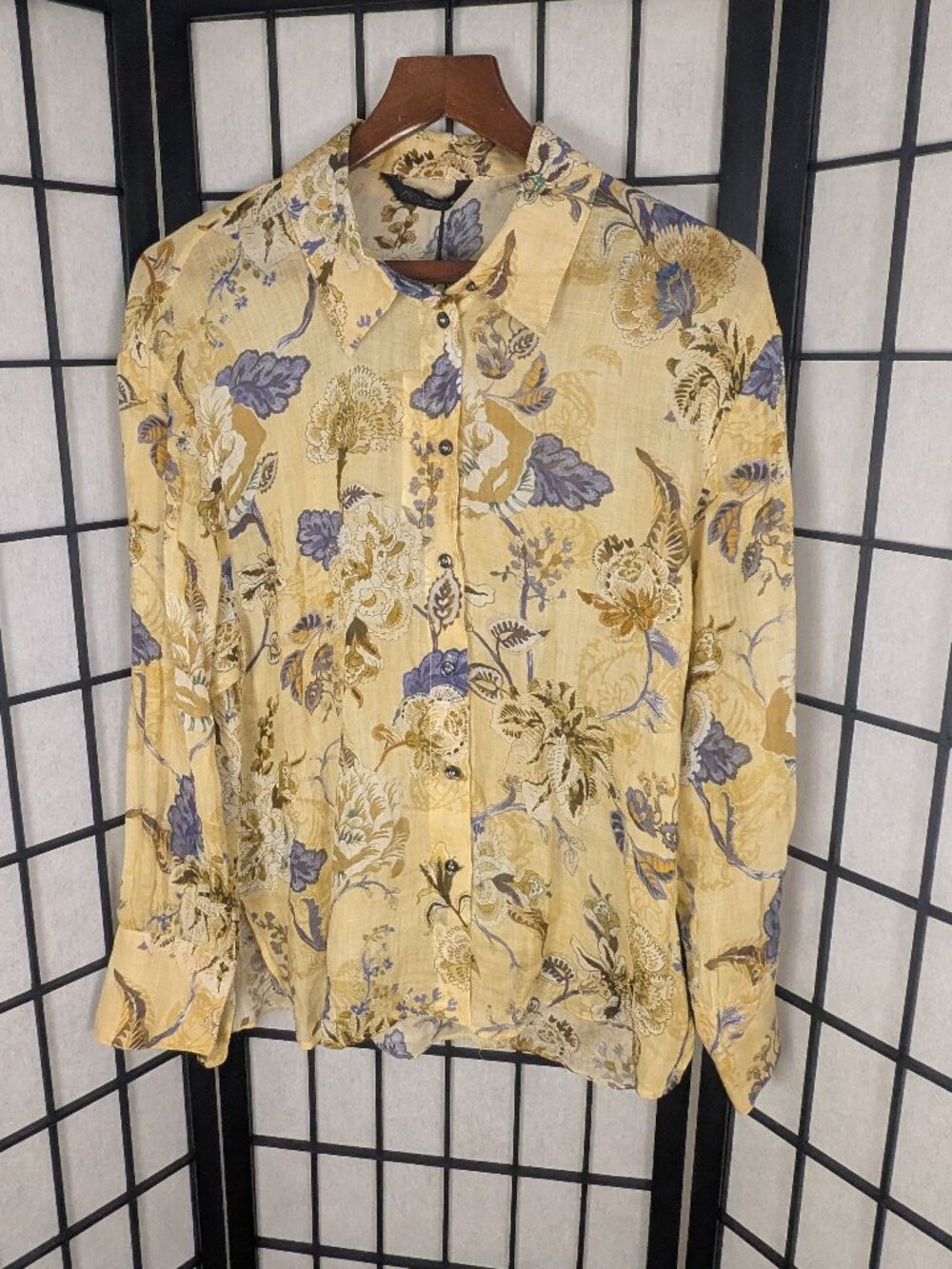 NWT Zara 100% Ramie Floral Button Front Blouse XL